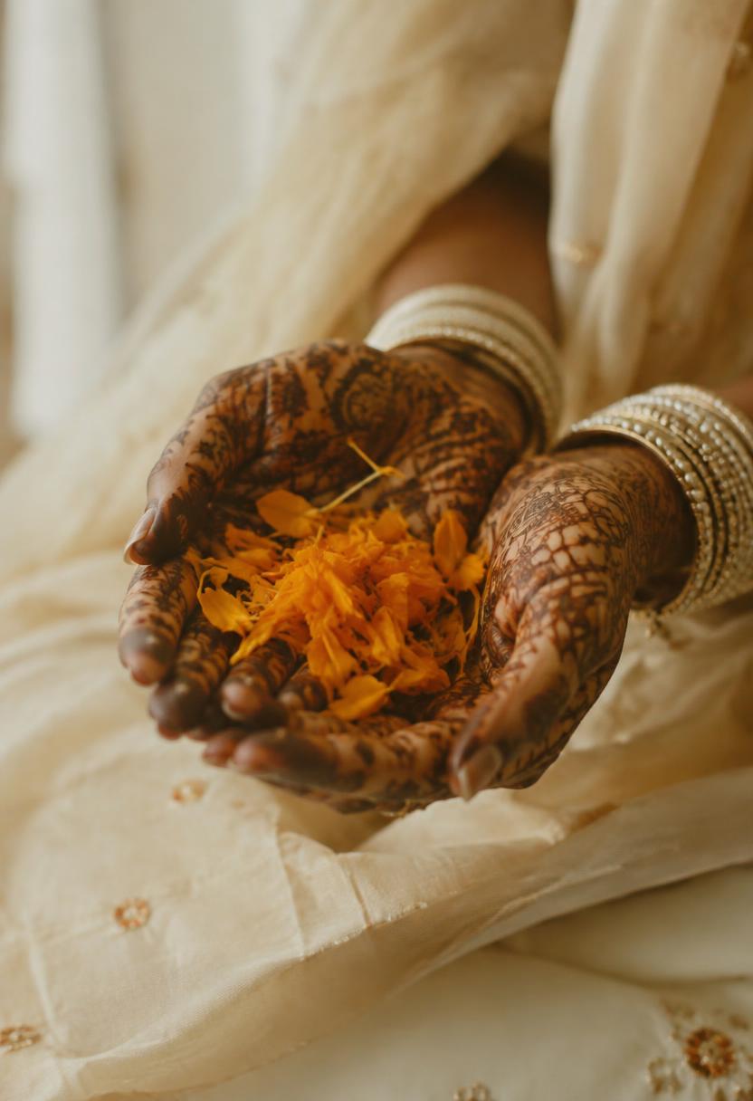 Bride's mehendi hands with marigold